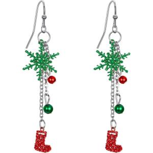 imageBriLove Lovely Cute Enamel Snowflake Jingle Bell Red Santa Stocking Christmas Hook Dangle Earrings for Women