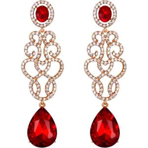 imageBriLove Womens Wedding Bridal Crystal Floral Filigree Teardrop Chandelier Dangle EarringsRuby Color GoldTone