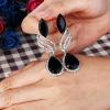 imageBriLove Womens Fashion Crystal Wedding Bridal Hollow Leaf Teardrop Dangle EarringsBlack SilverTone