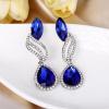 imageBriLove Womens Fashion Crystal Wedding Bridal Hollow Leaf Teardrop Dangle EarringsRoyal Blue SilverTone