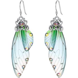 imageBriLove Butterfly Wing Hook Earrings Elegant Crystal Insect Dragonfly Drop Dangle Jewelry for WomenGreen Camo SilverTone