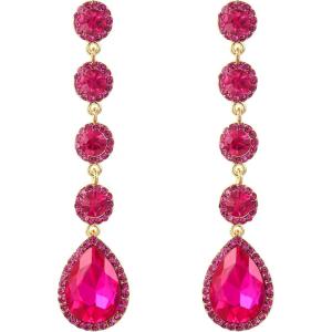 imageBriLove Womens Elegant Wedding Bridal Crystal Beaded Teardrop Chandelier Dangle EarringsHot Pink GoldTone