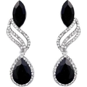 imageBriLove Womens Fashion Crystal Wedding Bridal Hollow Leaf Teardrop Dangle EarringsBlack SilverTone