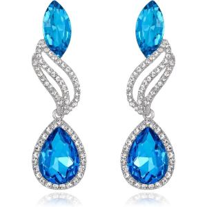 imageBriLove Womens Fashion Crystal Wedding Bridal Hollow Leaf Teardrop Dangle EarringsBlue Silvertone