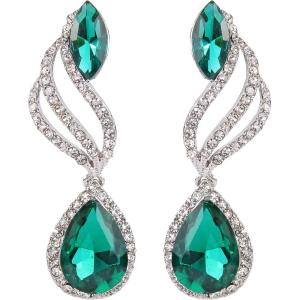 imageBriLove Womens Fashion Crystal Wedding Bridal Hollow Leaf Teardrop Dangle EarringsEmerald Color SilverTone