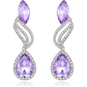 imageBriLove Womens Fashion Crystal Wedding Bridal Hollow Leaf Teardrop Dangle EarringsLight Purple SilverTone