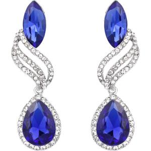 imageBriLove Womens Fashion Crystal Wedding Bridal Hollow Leaf Teardrop Dangle EarringsRoyal Blue SilverTone