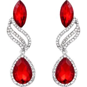 imageBriLove Womens Fashion Crystal Wedding Bridal Hollow Leaf Teardrop Dangle EarringsRuby Color SilverTone