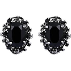 imageBriLove Womens Victorian Style Crystal Floral Scroll Cameo Inspired Oval Stud EarringsBlack AntiqueSilverTone
