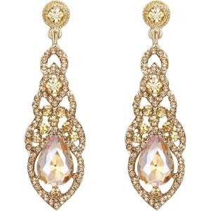 imageBriLove Womens Wedding Bridal Crystal Art Deco Teardrop Hollow Chandelier Dangle EarringsChampagne GoldTone