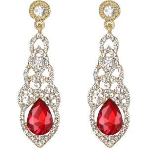 imageBriLove Womens Wedding Bridal Crystal Art Deco Teardrop Hollow Chandelier Dangle EarringsRuby Color GoldTone