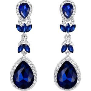 imageBriLove Womens Wedding Bridal Crystal Marquise Leaf Teardrop Chandelier Dangle EarringsNavy Blue SilverTone