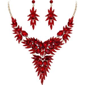 imageBriLove Womens Wedding Bridal Crystal Multi OvalShape Flower Leaf Enamel Statement Necklace Dangle Earrings SetRuby Color GoldTone