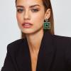 imageBriLove St Patricks Day Earrings Art Deco Sparkly Rhinestone Geometric Emerald Cut Statement Dangle Jewelry for Women Green GoldTone
