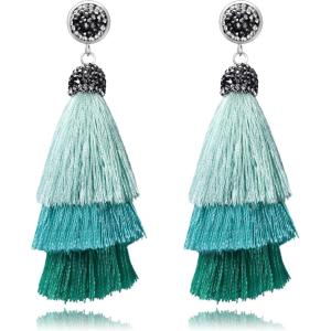 imageBriLove Green Tassel Earrings for Women Bohemian Boho Ombre Layered Fringe Thread Chandelier Black Crystal Dangle Turquoise Color SilverTone
