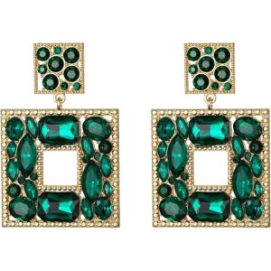 imageBriLove St Patricks Day Earrings Art Deco Sparkly Rhinestone Geometric Emerald Cut Statement Dangle Jewelry for Women Green GoldTone