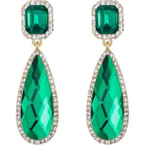 imageBriLove St Patricks Day Earrings Wedding Bridal Dangle Earring for Women Crystal Asscher Cut Elongated Faceted Teardrop Infinity Emerald Color GoldToned