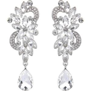 imageBriLove Womens Bohemian Boho Crystal Flower Wedding Bridal Chandelier Teardrop Bling Dangle Earrings01Clear SilverTone