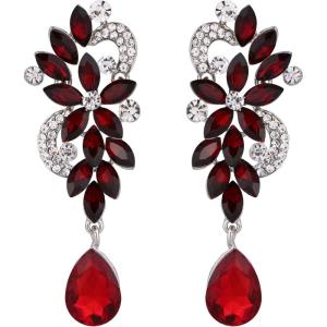 imageBriLove Womens Bohemian Boho Crystal Flower Wedding Bridal Chandelier Teardrop Bling Dangle Earrings04Deep Red SilverTone