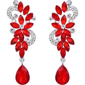 imageBriLove Womens Bohemian Boho Crystal Flower Wedding Bridal Chandelier Teardrop Bling Dangle Earrings06Ruby Color SilverTone