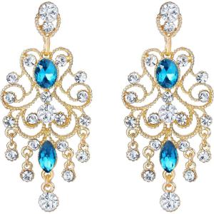 imageBriLove Womens Vintaged Style Wedding Bridal Crystal Drop Hollow Chandelier Filigree Dangle EarringsBlue Topaz Color GoldTone
