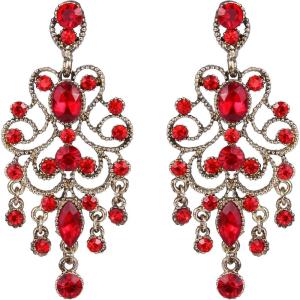 imageBriLove Womens Vintaged Style Wedding Bridal Crystal Drop Hollow Chandelier Filigree Dangle EarringsRuby Color Antique GoldTone