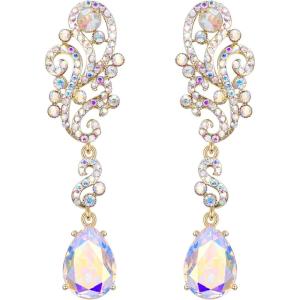imageBriLove Womens Wedding Bridal Crystal Floral Scroll Chandelier Dangle EarringsIridescent AB GoldTone