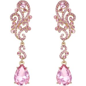 imageBriLove Womens Wedding Bridal Crystal Floral Scroll Chandelier Dangle EarringsPink GoldTone