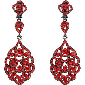 imageBriLove Womens Wedding Bridal Crystal Rhinestone Beaded ClipOn Dangle EarringsRuby Color BlackTone