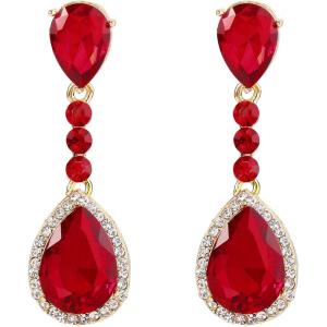 imageBriLove Womens Wedding Bridal Crystal Teardrop Infinity Figure 8 Chandelier Dangle ClipOn EarringsRuby Color GoldTone