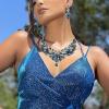 imageBriLove Wedding Bridal Crystal Rhinestones Marquise Cluster Statement Necklace Dangle Earrings Jewelry Set for WomenBlue Topaz GoldTone