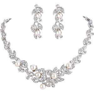 imageBriLove Wedding Bridal Cream Simulated Pearl Jewelry Set for Women Cluster Leaf Vine Hibiscus Flower Crystal Collar Dangle Clear SilverTone