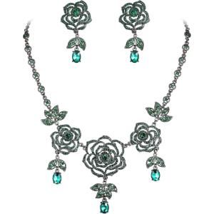 imageBriLove Wedding Bridal Crystal Rhinestones Hollow Rose Flower Cluster Statement Necklace Dangle Earrings Set for Women