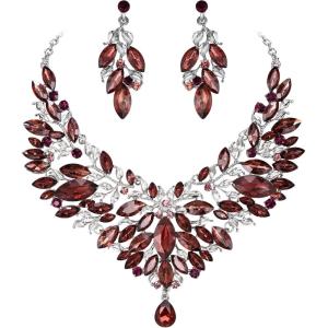 imageBriLove Wedding Bridal Crystal Rhinestones Marquise Cluster Statement Necklace Dangle Earrings Jewelry Set for WomenAmethyst Color SilverTone