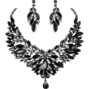 imageBriLove Wedding Bridal Crystal Rhinestones Marquise Cluster Statement Necklace Dangle Earrings Jewelry Set for WomenBlack BlackTone