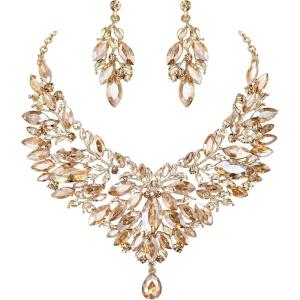 imageBriLove Wedding Bridal Crystal Rhinestones Marquise Cluster Statement Necklace Dangle Earrings Jewelry Set for WomenChampagne GoldTone