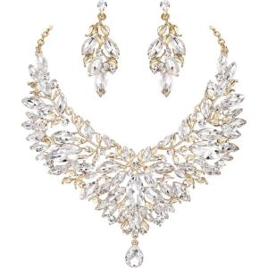 imageBriLove Wedding Bridal Crystal Rhinestones Marquise Cluster Statement Necklace Dangle Earrings Jewelry Set for WomenClear GoldTone