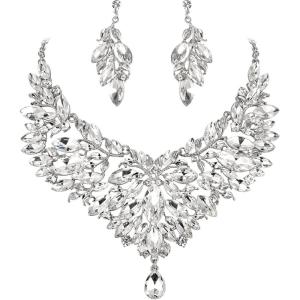 imageBriLove Wedding Bridal Crystal Rhinestones Marquise Cluster Statement Necklace Dangle Earrings Jewelry Set for WomenClear SilverTone