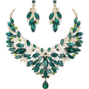 imageBriLove Wedding Bridal Crystal Rhinestones Marquise Cluster Statement Necklace Dangle Earrings Jewelry Set for WomenEmerald Color GoldTone