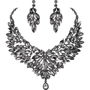 imageBriLove Wedding Bridal Crystal Rhinestones Marquise Cluster Statement Necklace Dangle Earrings Jewelry Set for WomenGrey BlackTone