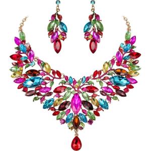 imageBriLove Wedding Bridal Crystal Rhinestones Marquise Cluster Statement Necklace Dangle Earrings Jewelry Set for WomenMulticolor GoldTone