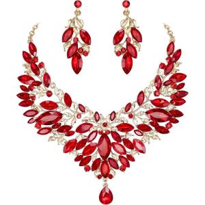 imageBriLove Wedding Bridal Crystal Rhinestones Marquise Cluster Statement Necklace Dangle Earrings Jewelry Set for WomenRuby Color GoldTone