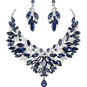 imageBriLove Wedding Bridal Crystal Rhinestones Marquise Cluster Statement Necklace Dangle Earrings Jewelry Set for WomenSapphire Color Silvertone