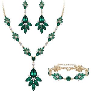 imageBriLove Wedding Bridal Jewelry Set Marquise Crystal Teardrop Necklace Earring Bracelet Gift for Women Brides06Emerald Color GoldTone