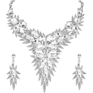 imageBriLove Wedding Bridal Jewelry Set for Women Crystal Multi OvalShape Flower Leaf Enamel Statement Neckalce Dangle Earrings Clear SilverTone