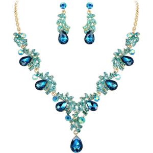 imageBriLove Wedding Bridal Jewelry Set for Women Crystal Teardrop Filigree Leaf Twig Enamel Statement Necklace Dangle Earrings Blue Topaz Color GoldToned