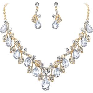 imageBriLove Wedding Bridal Necklace Earrings Jewelry Set for Women Crystal Enamel Teardrop Cluster Leaf Vine Statement Necklace Dangle Earrings Set Clear GoldToned