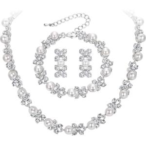 imageBriLove Wedding Bridal Simulated Pearl Necklace Bracelet Earrings Jewelry Set for Women Crystal Flower Collar Tennis Drop Clear SilverTone