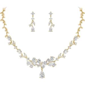 imageBriLove Wedding Jewelry Set for Bride CZ Teardrop Butterfly Flower Leaf Filigree Necklace Earrings Women Party Prom AccessoriesClearGold Tone