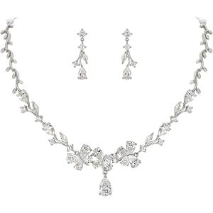imageBriLove Wedding Jewelry Set for Bride CZ Teardrop Butterfly Flower Leaf Filigree Necklace Earrings Women Party Prom AccessoriesClearSilverTone
